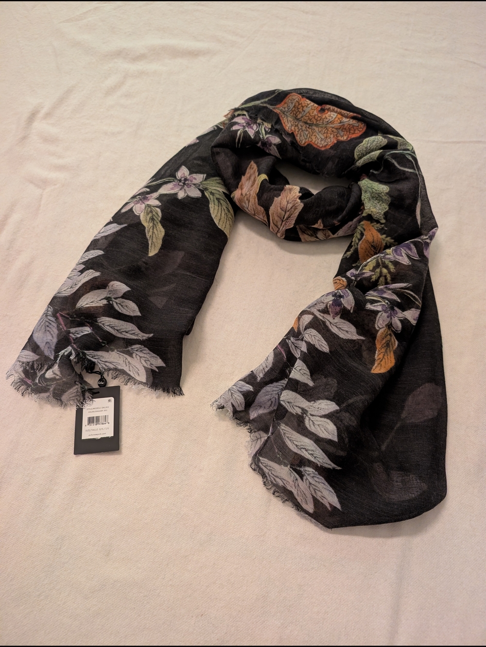 Echo Wool Blend Floral Black Lightweight Scarf with Fringe OS - Picture 2 of 10